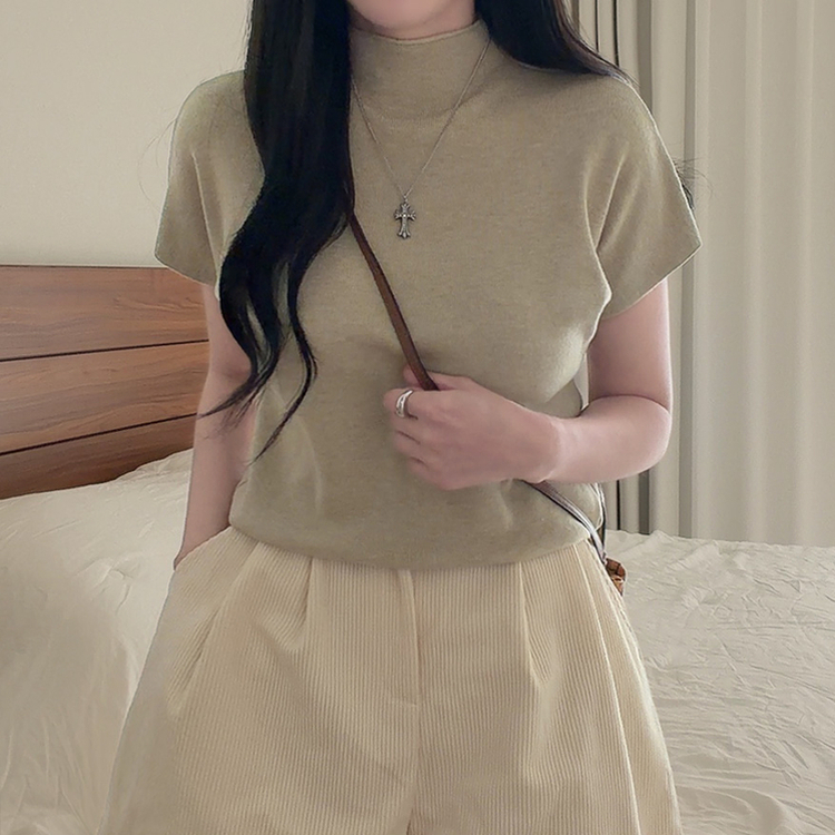 ハーフネック無地半袖Tシャツ(5color) KHAKI