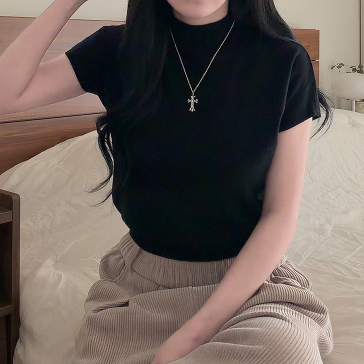 ハーフネック無地半袖Tシャツ(5color) BLACK