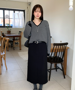 ストライプVネックTシャツ(8color) BLACK