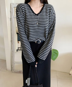 ストライプVネックTシャツ(8color) BLACK