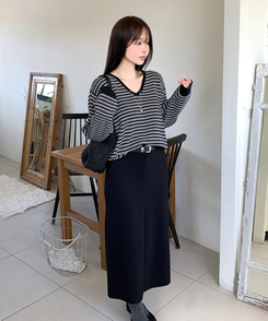 ストライプVネックTシャツ(8color) BLACK