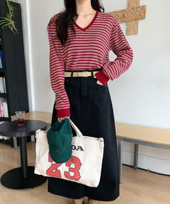 ストライプVネックTシャツ(8color) BURGUNDY