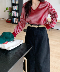 ストライプVネックTシャツ(8color) BURGUNDY