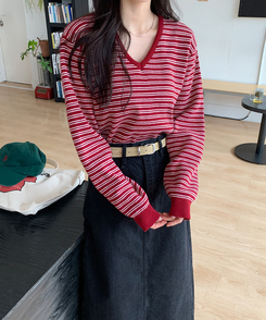 ストライプVネックTシャツ(8color) BURGUNDY