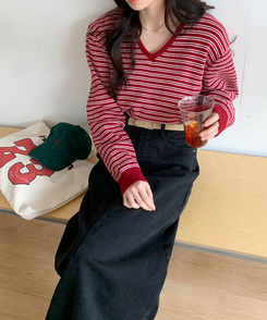 ストライプVネックTシャツ(8color) BURGUNDY