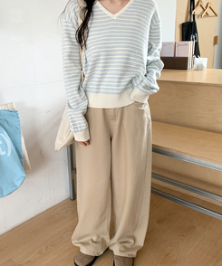 ストライプVネックTシャツ(8color) CREAM