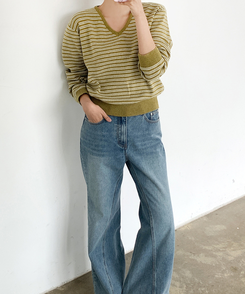 ストライプVネックTシャツ(8color) OLIVE