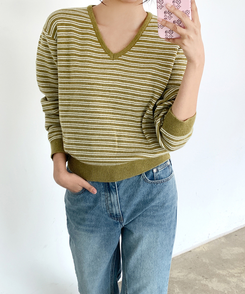 ストライプVネックTシャツ(8color) OLIVE