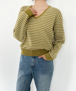 ストライプVネックTシャツ(8color) OLIVE