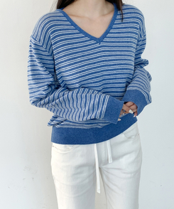 ストライプVネックTシャツ(8color) BLUE