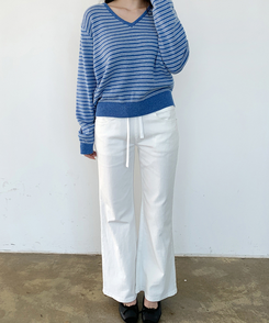 ストライプVネックTシャツ(8color) BLUE