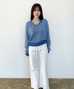 ストライプVネックTシャツ(8color) BLUE