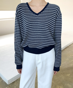 ストライプVネックTシャツ(8color) NAVY