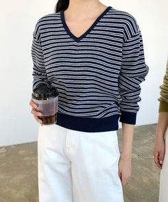 ストライプVネックTシャツ(8color) NAVY
