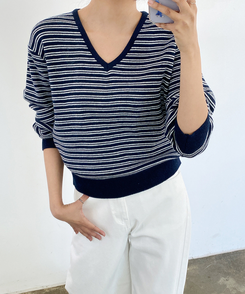 ストライプVネックTシャツ(8color) NAVY