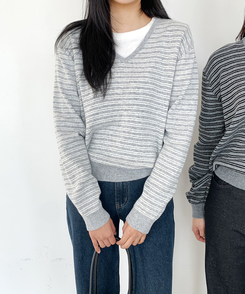ストライプVネックTシャツ(8color) GREY