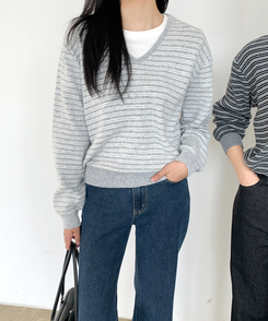 ストライプVネックTシャツ(8color) GREY