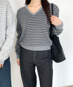 ストライプVネックTシャツ(8color) CHARCOAL