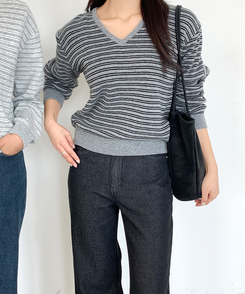 ストライプVネックTシャツ(8color) CHARCOAL