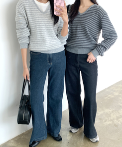 ストライプVネックTシャツ(8color) GREY