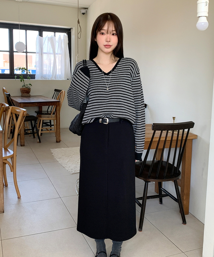 ストライプVネックTシャツ(8color) BLACK