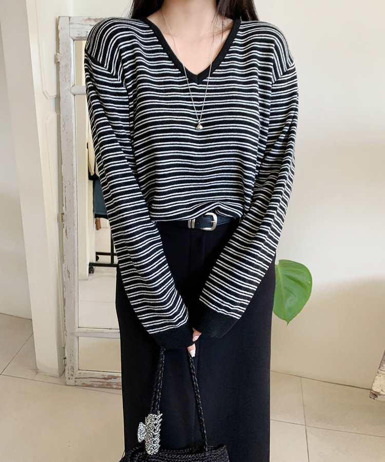 ストライプVネックTシャツ(8color) BLACK