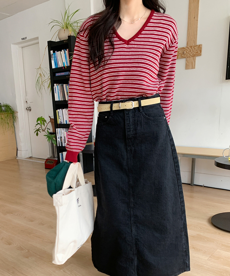 ストライプVネックTシャツ(8color) BURGUNDY