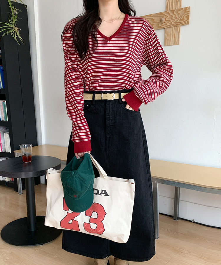 ストライプVネックTシャツ(8color) BURGUNDY