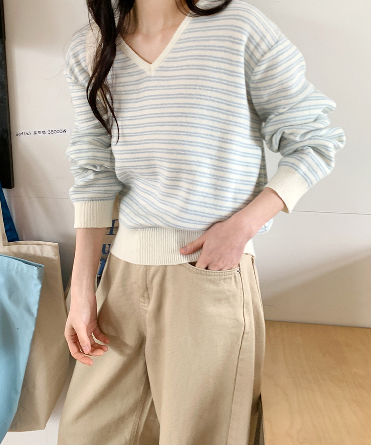 ストライプVネックTシャツ(8color) CREAM