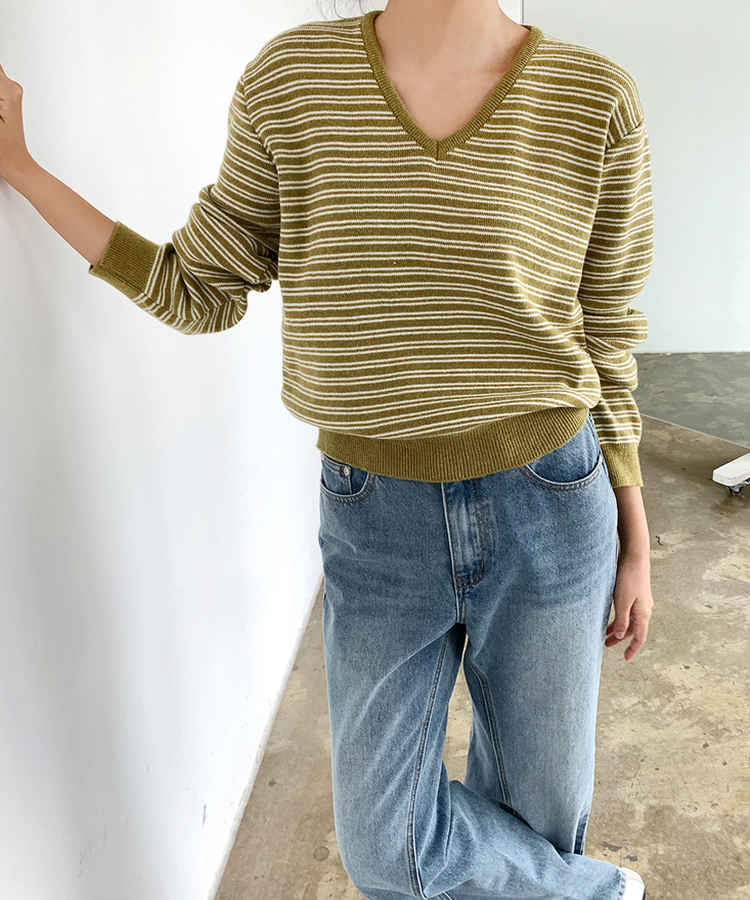 ストライプVネックTシャツ(8color) OLIVE