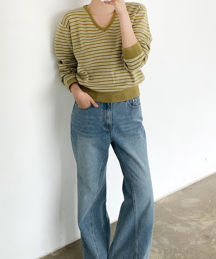 ストライプVネックTシャツ(8color) OLIVE