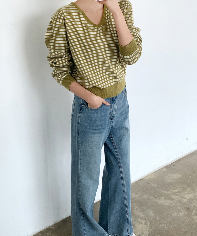 ストライプVネックTシャツ(8color) OLIVE