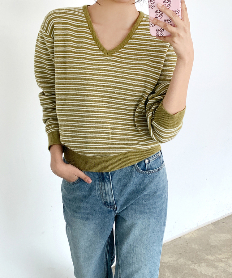 ストライプVネックTシャツ(8color) OLIVE