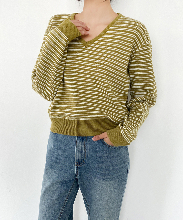 ストライプVネックTシャツ(8color) OLIVE