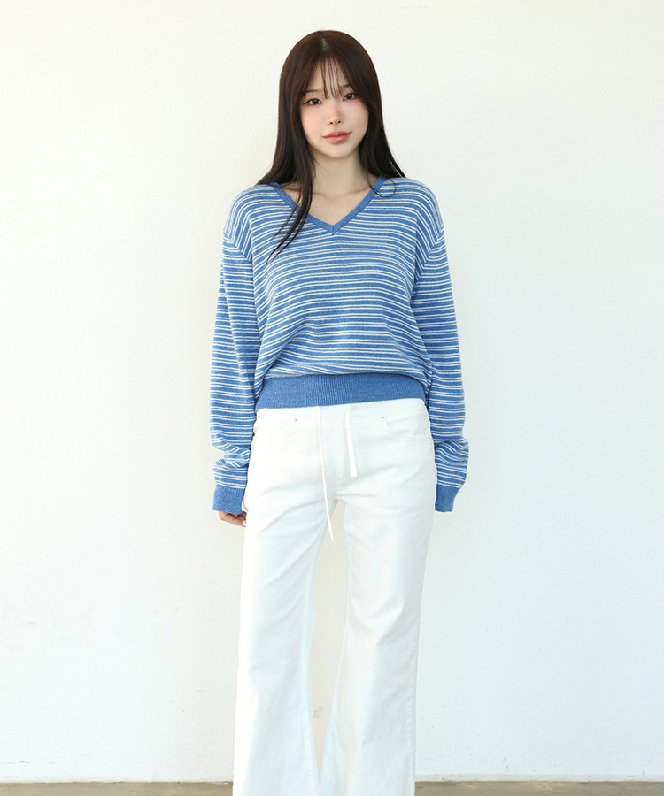 ストライプVネックTシャツ(8color) BLUE