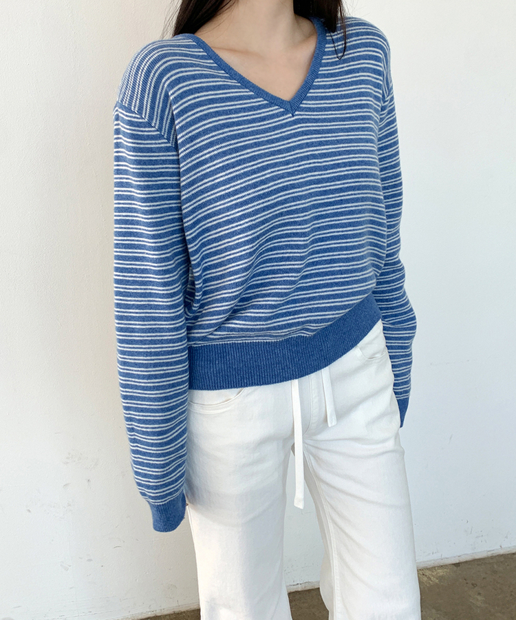 ストライプVネックTシャツ(8color) BLUE