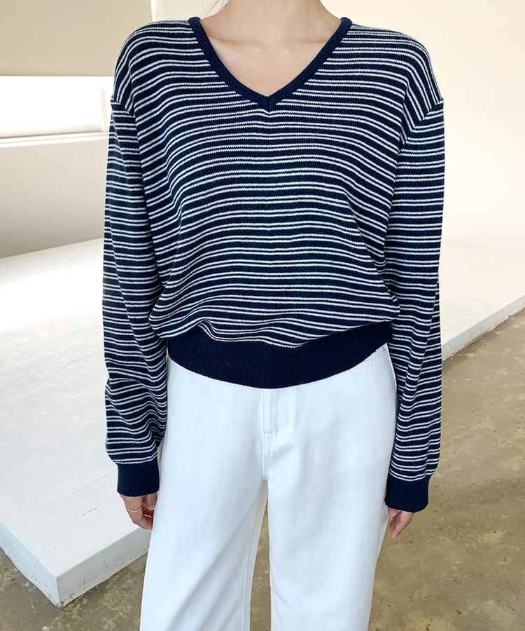 ストライプVネックTシャツ(8color) NAVY