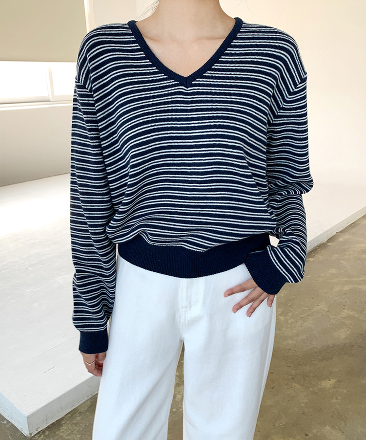 ストライプVネックTシャツ(8color) NAVY