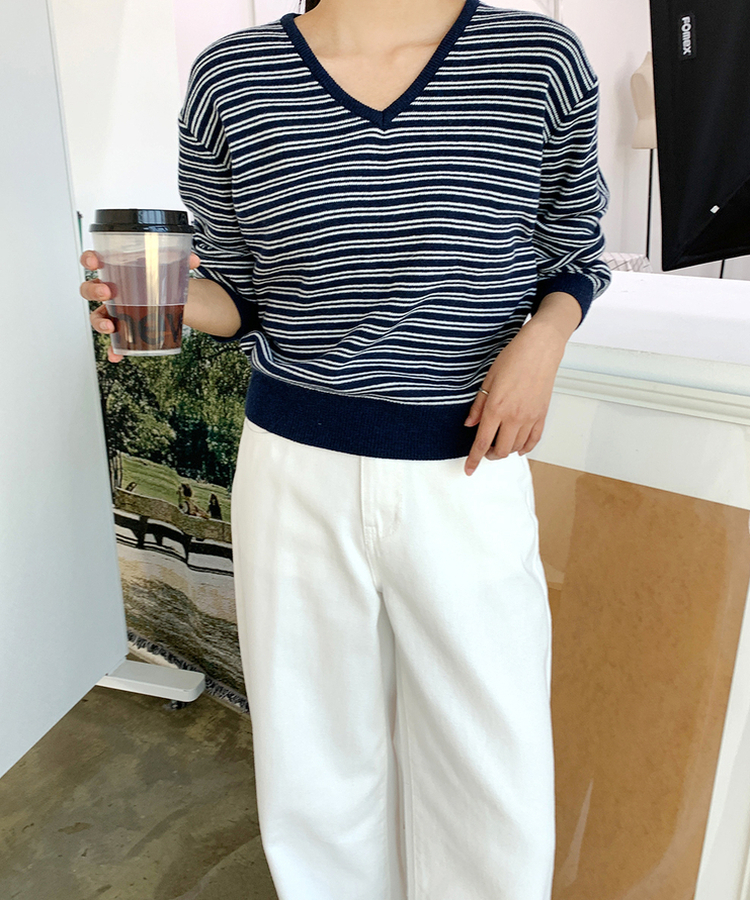 ストライプVネックTシャツ(8color) NAVY