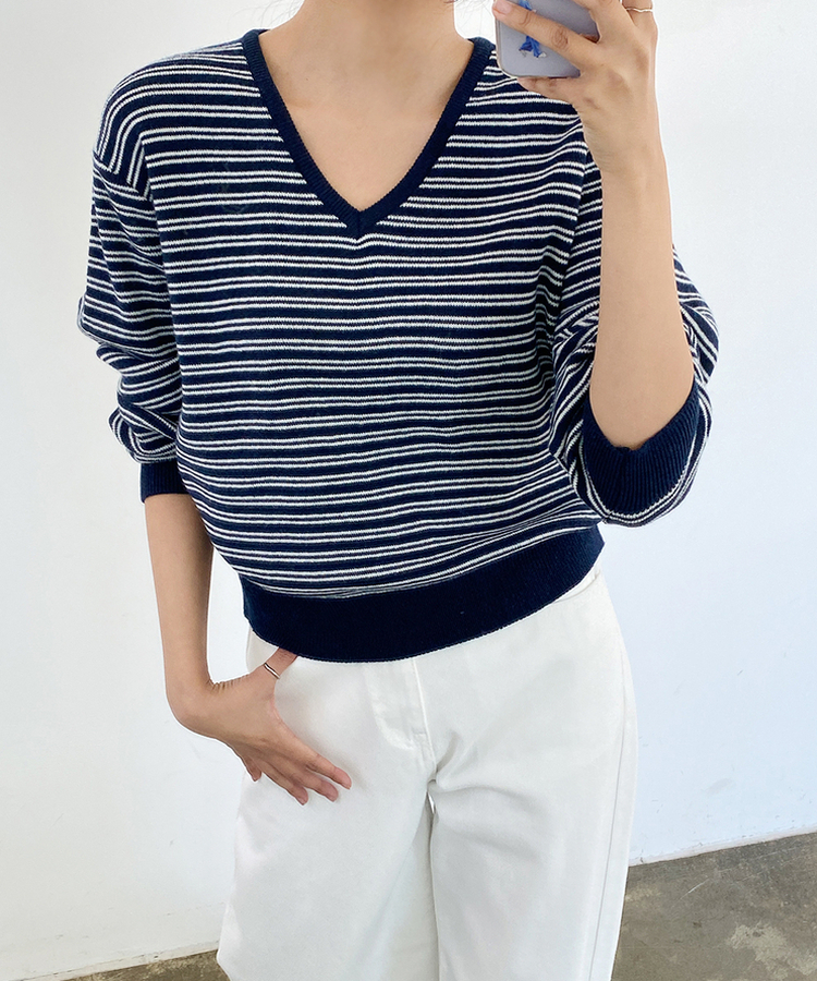 ストライプVネックTシャツ(8color) NAVY