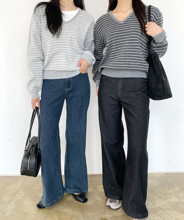 ストライプVネックTシャツ(8color) CHARCOAL