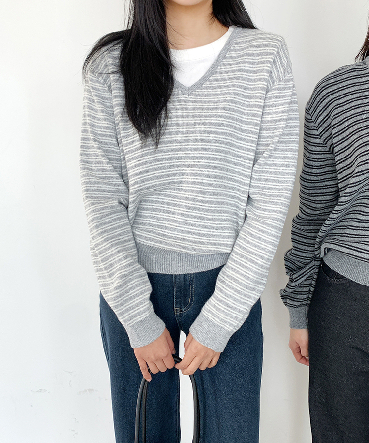ストライプVネックTシャツ(8color) GREY