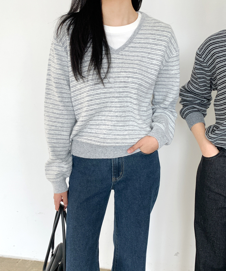 ストライプVネックTシャツ(8color) GREY