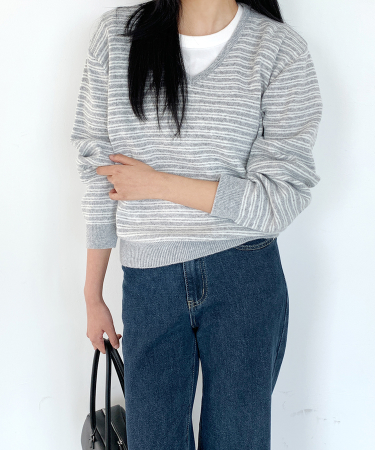 ストライプVネックTシャツ(8color) GREY