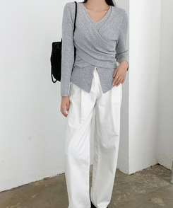 シャーリングラップドレープVニット GREY