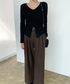 シャーリングラップドレープVニット BLACK