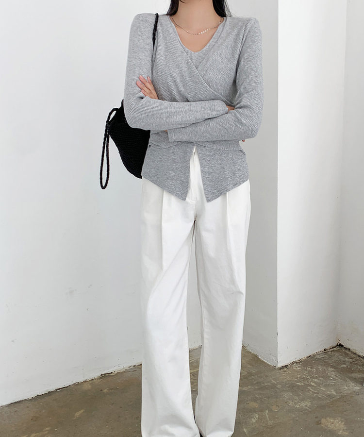 シャーリングラップドレープVニット GREY