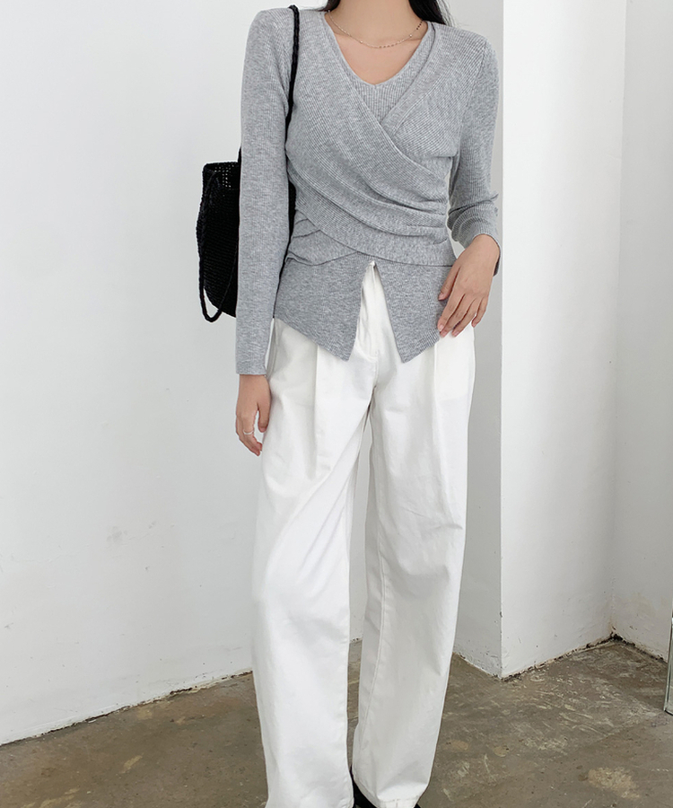 シャーリングラップドレープVニット GREY