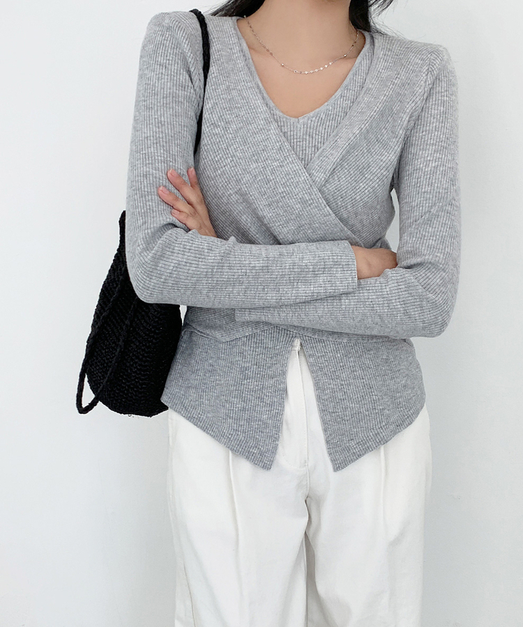 シャーリングラップドレープVニット GREY