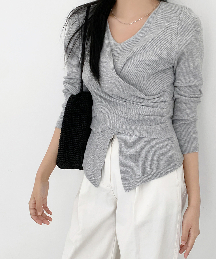 シャーリングラップドレープVニット GREY